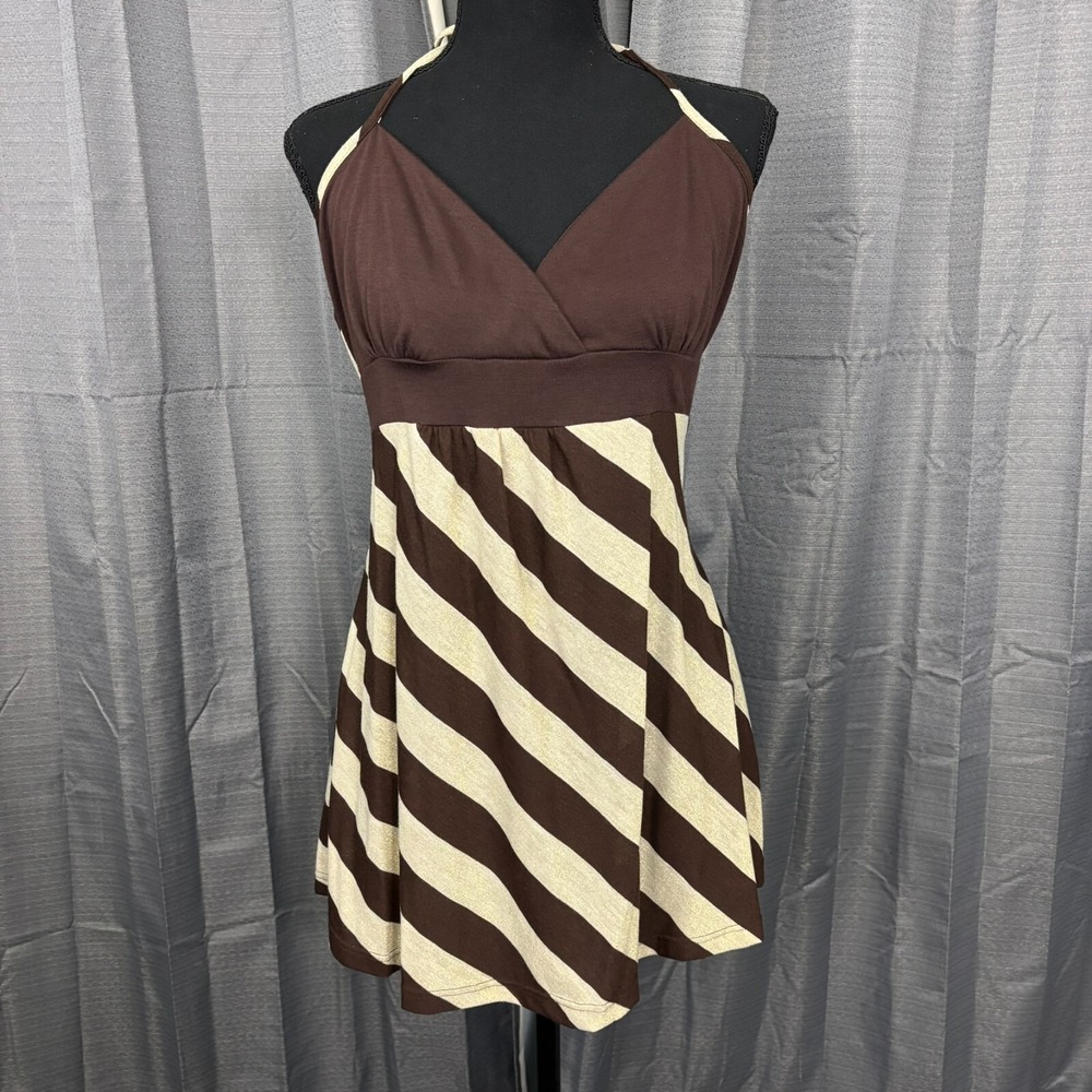 VTG Jeknit Babydoll Halter Top Womens M/L Brown Gold Stripe Fairy Y2K Goblincore